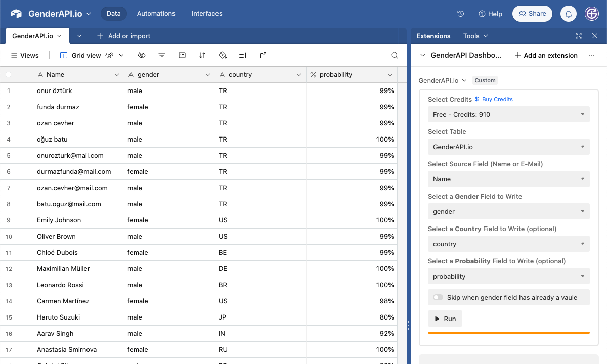 Extension Gender API pour Airtable