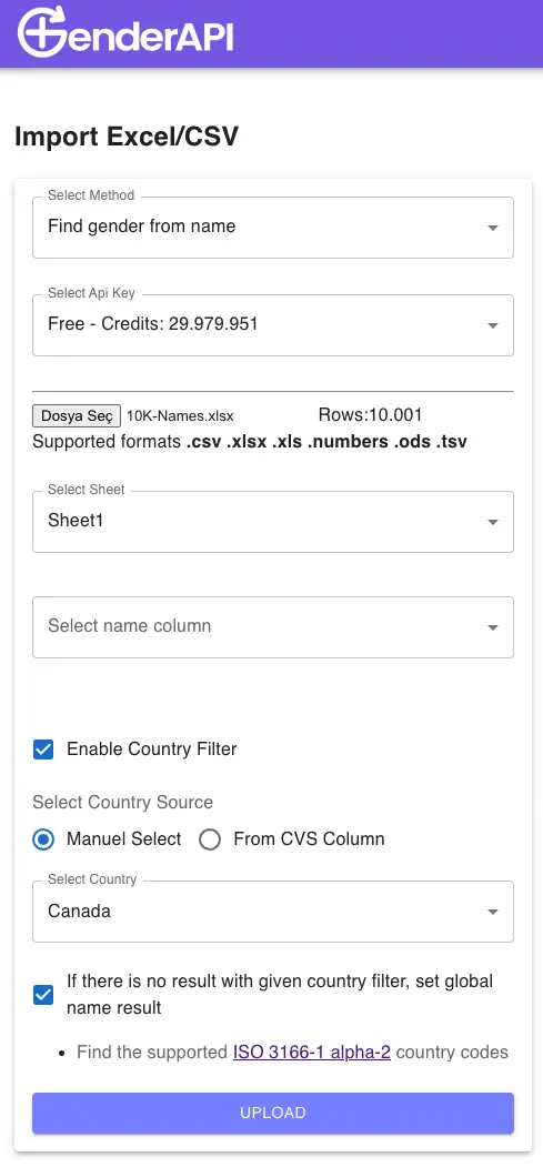 Gender API Excel CSV App