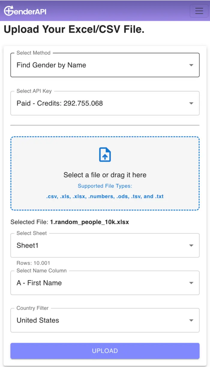GenderAPI-Oberfläche für Excel- und CSV-Upload mit Spaltenzuordnung