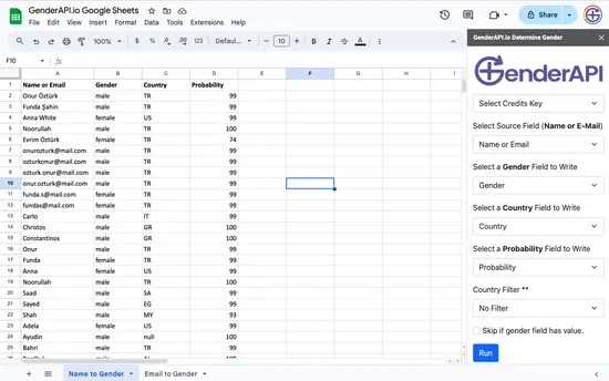 GenderAPI Google Sheets