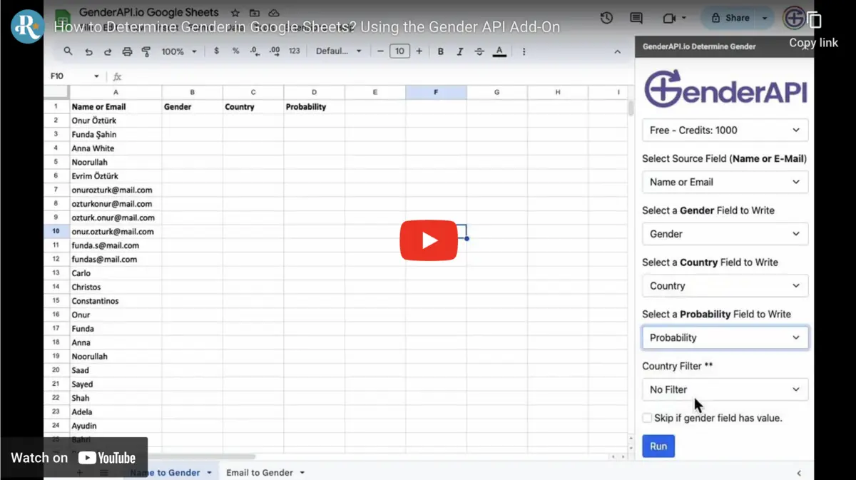 How to Use Video for Gender API Google Sheets Add-On