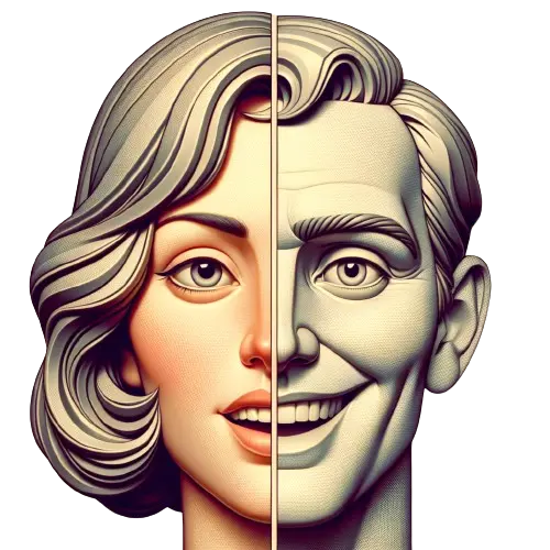 Rostro humano, dividido en dos, un lado es masculino, el otro lado es femenino, cartón 3D. Muestra  8