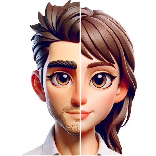 Ludzka twarz, podzielona na dwie części, jedna strona jest męska, druga żeńska, kreskówka 3D. Przykład   2