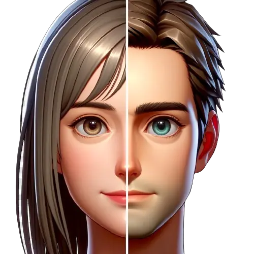 Ludzka twarz, podzielona na dwie części, jedna strona jest męska, druga żeńska, kreskówka 3D. Przykład   3