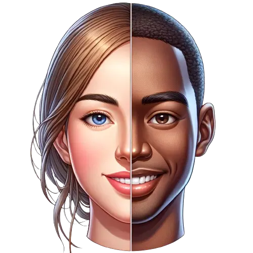 Ludzka twarz, podzielona na dwie części, jedna strona jest męska, druga żeńska, kreskówka 3D. Przykład   4