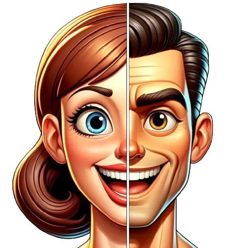 Ludzka twarz, podzielona na dwie części, jedna strona jest męska, druga żeńska, kreskówka 3D. Przykład   5