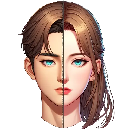 Ludzka twarz, podzielona na dwie części, jedna strona jest męska, druga żeńska, kreskówka 3D. Przykład   6